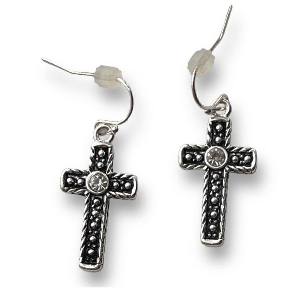 Kim Rogers Cross Silver Tone Antique Textured Dangle Earrings